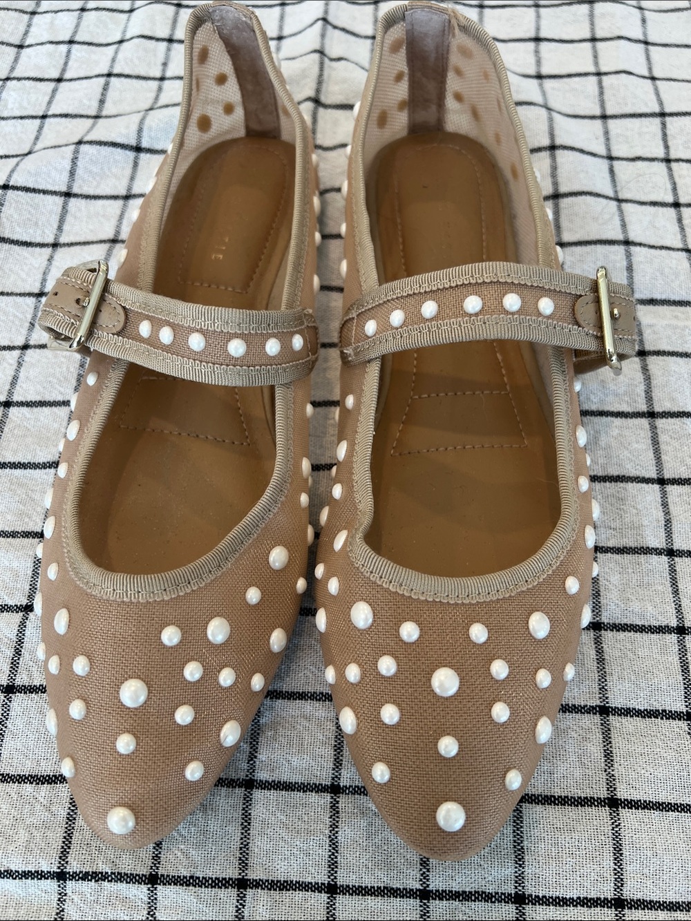 Kelly & Katie Taupe Mary Janes with Pearl Studs